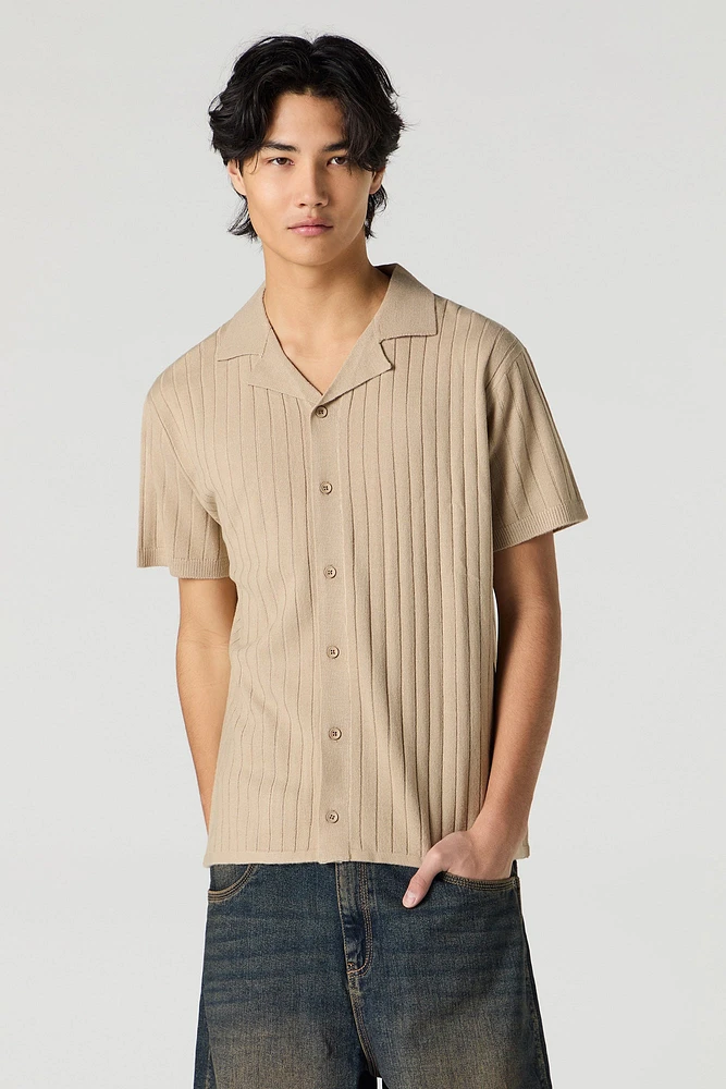 Wide Ribbed Knit Button-Up Top