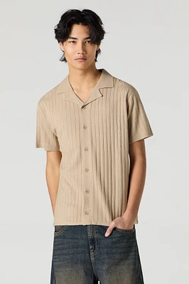 Wide Ribbed Knit Button-Up Top