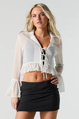 Semi Sheer Tie Front Long Sleeve Top