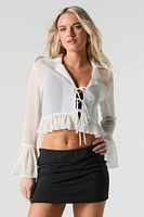 Semi Sheer Tie Front Long Sleeve Top