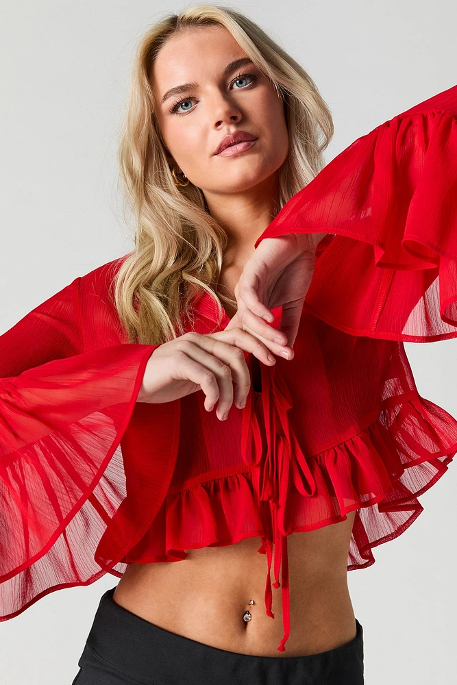 Semi Sheer Tie Front Long Sleeve Top