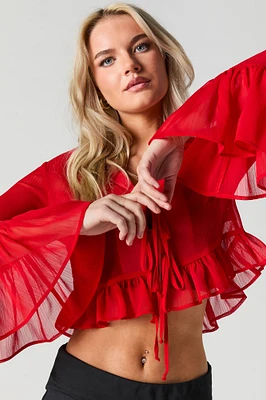Semi Sheer Tie Front Long Sleeve Top