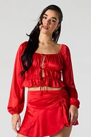 Satin Front Tie Long Sleeve Top