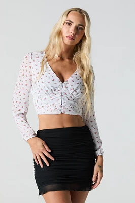 Printed Chiffon V-Neck Button Front Crop Top