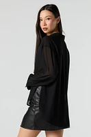 Mesh Long Sleeve Button-Up Top