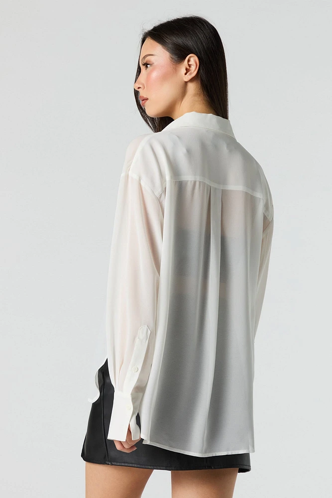 Mesh Long Sleeve Button-Up Top