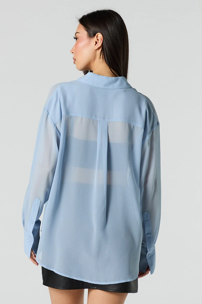 Mesh Long Sleeve Button-Up Top