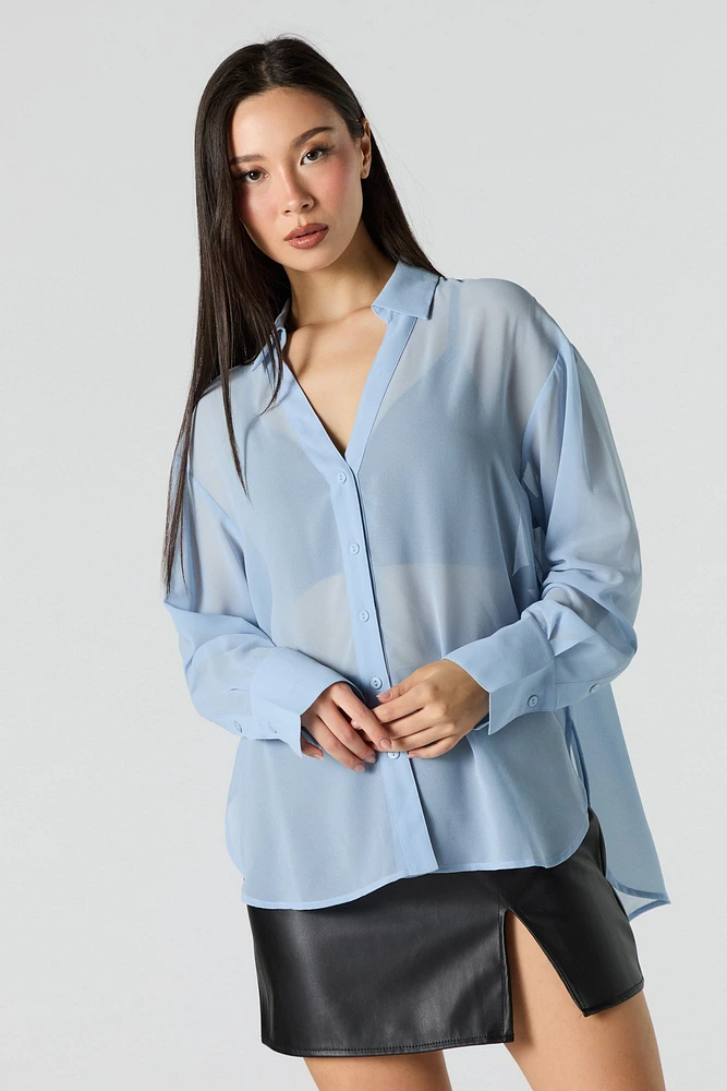 Mesh Long Sleeve Button-Up Top
