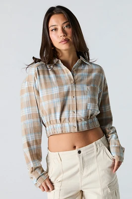 Plaid Button-Up Cropped Long Sleeve Top