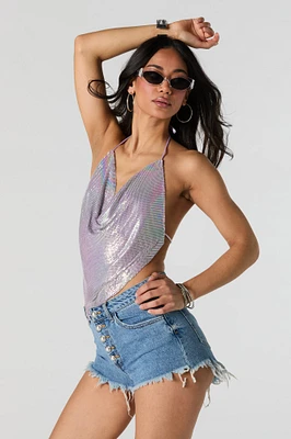 Metal Rhinestone Cowl Neck Crop Top