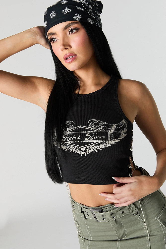 Ribbed Rhinestone Lace Up Graphic Tank