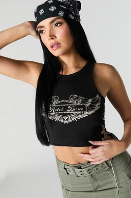 Ribbed Rhinestone Lace Up Graphic Tank