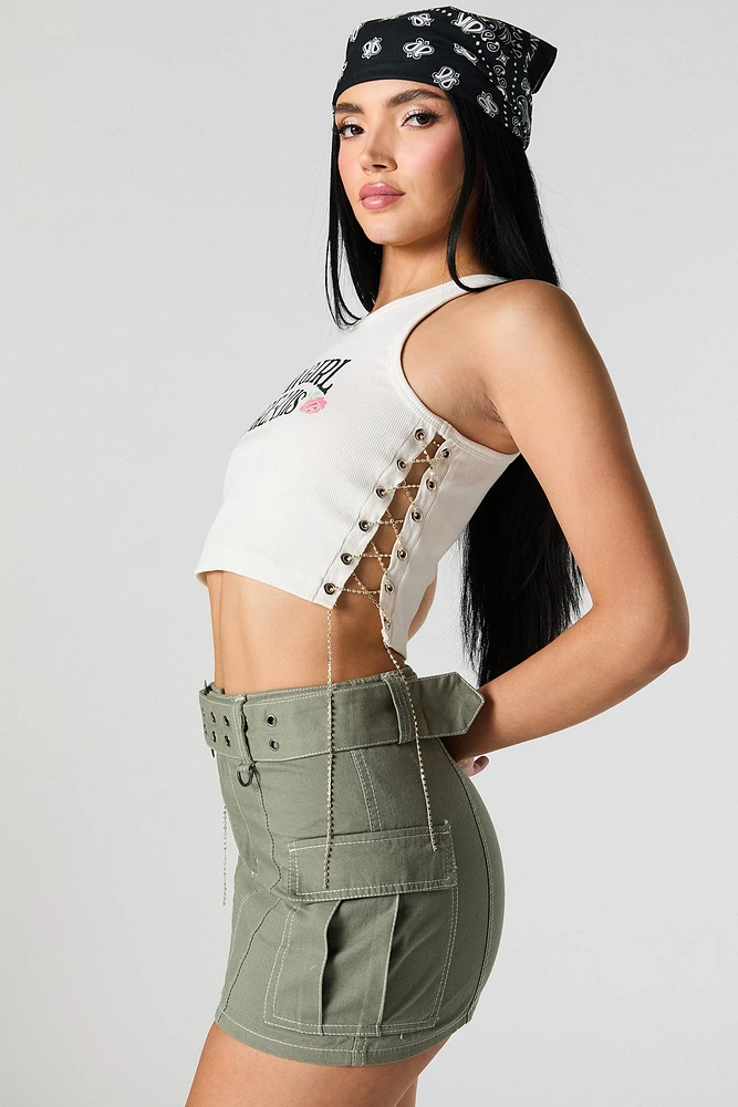 Ribbed Rhinestone Lace Up Graphic Tank