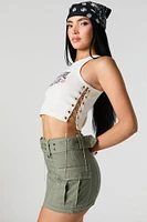 Ribbed Rhinestone Lace Up Graphic Tank