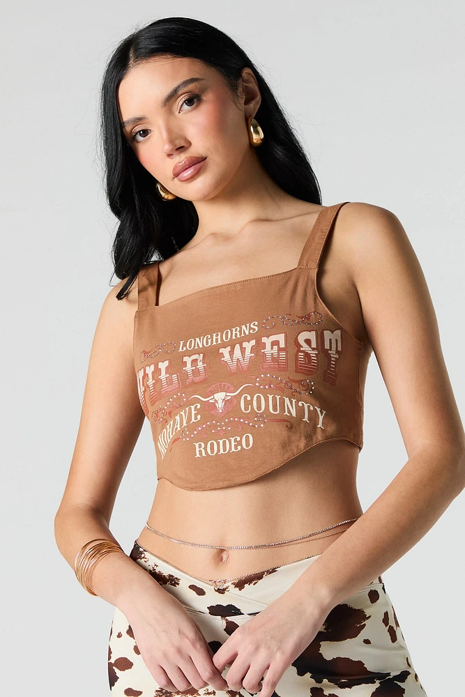 Rhinestone Western Graphic Lace-Up Corset Tank
