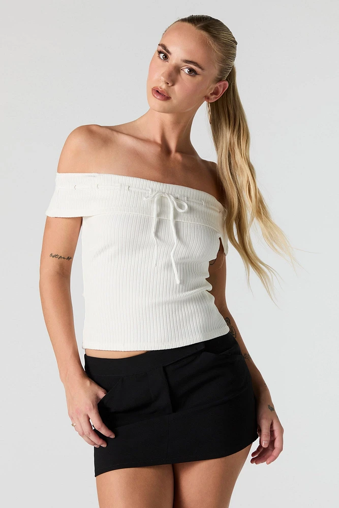 Ribbed Off Shoulder Tie Front Top