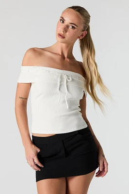 Ribbed Off Shoulder Tie Front Top
