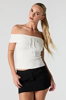 Ribbed Off Shoulder Tie Front Top