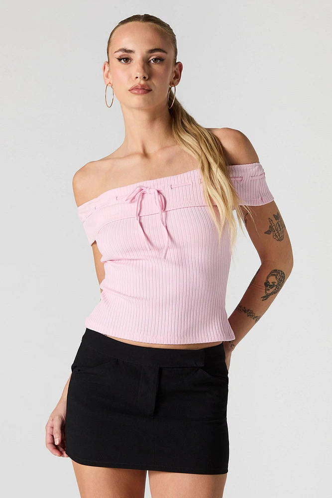 Ribbed Off Shoulder Tie Front Top