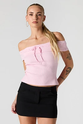 Ribbed Off Shoulder Tie Front Top