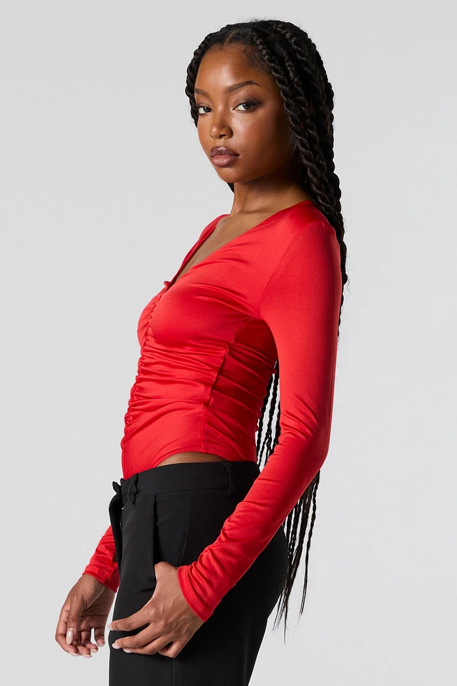 Maillot profilé ruché à manches longues avec encolure en V