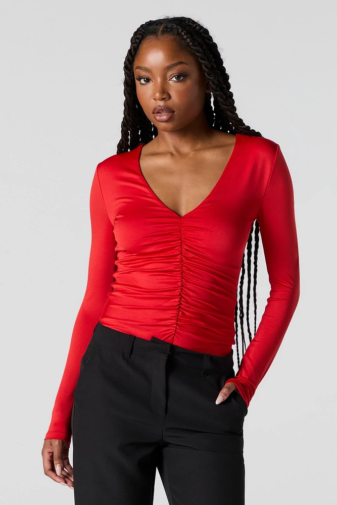 Maillot profilé ruché à manches longues avec encolure en V
