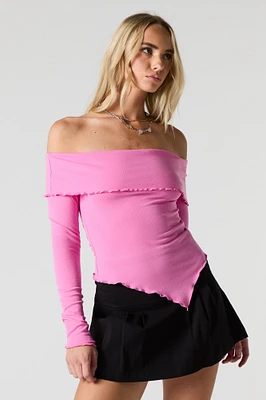 Ribbed Off Shoulder Asymmetrical Long Sleeve Top