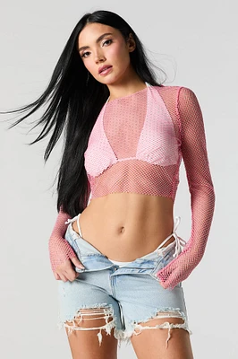 Rhinestone Fishnet Long Sleeve Crop Top