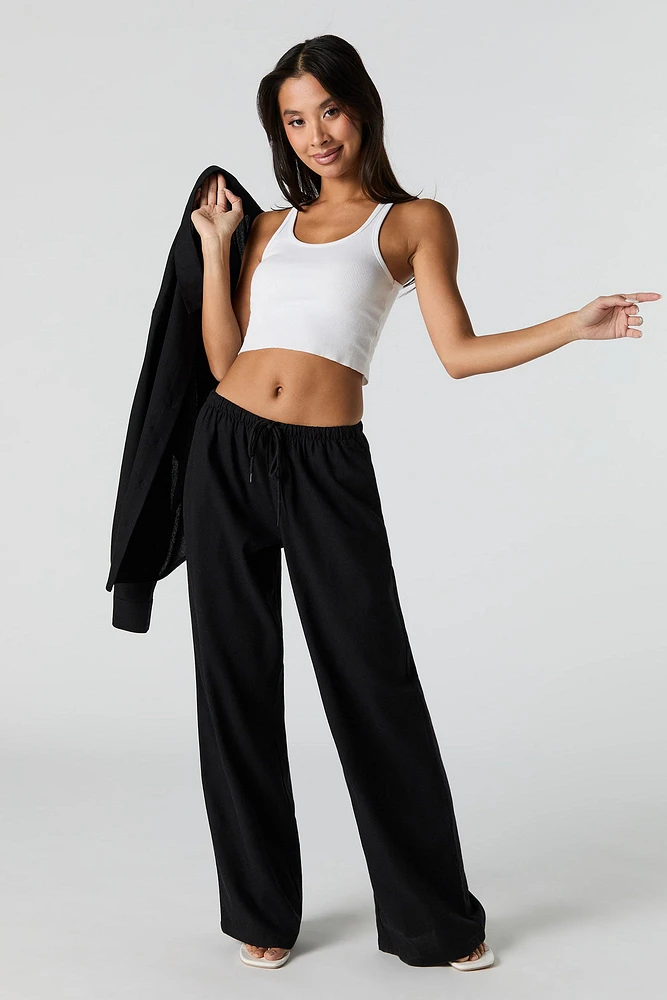 Pantalon à jambe large en mélange de lin avec taille coulissante