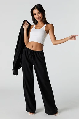 Linen-Blend Drawstring Wide Leg Pant