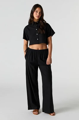 Linen-Blend Drawstring Side Wide Leg Pant