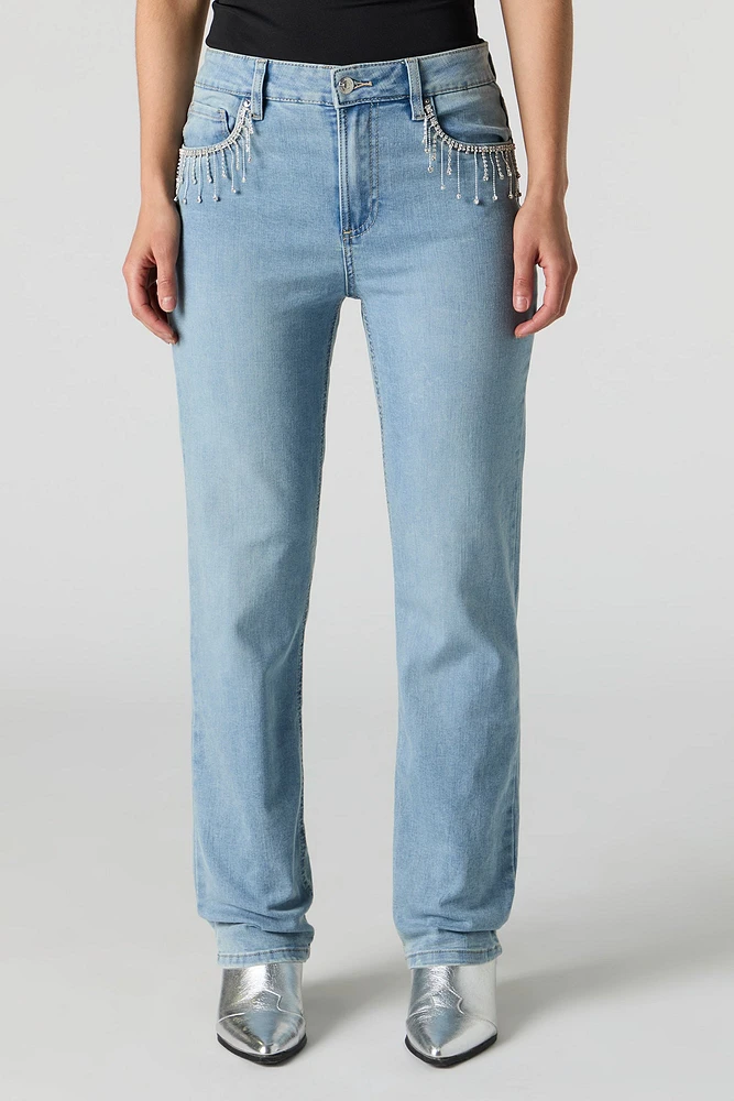 Rhinestone Fringe Pocket Straight Leg Jean
