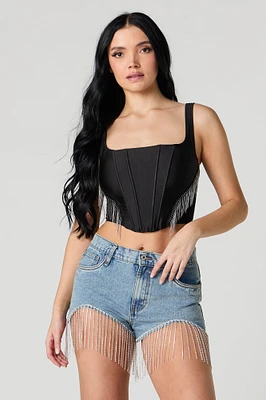 Rhinestone Fringe Curved Hem Denim Short