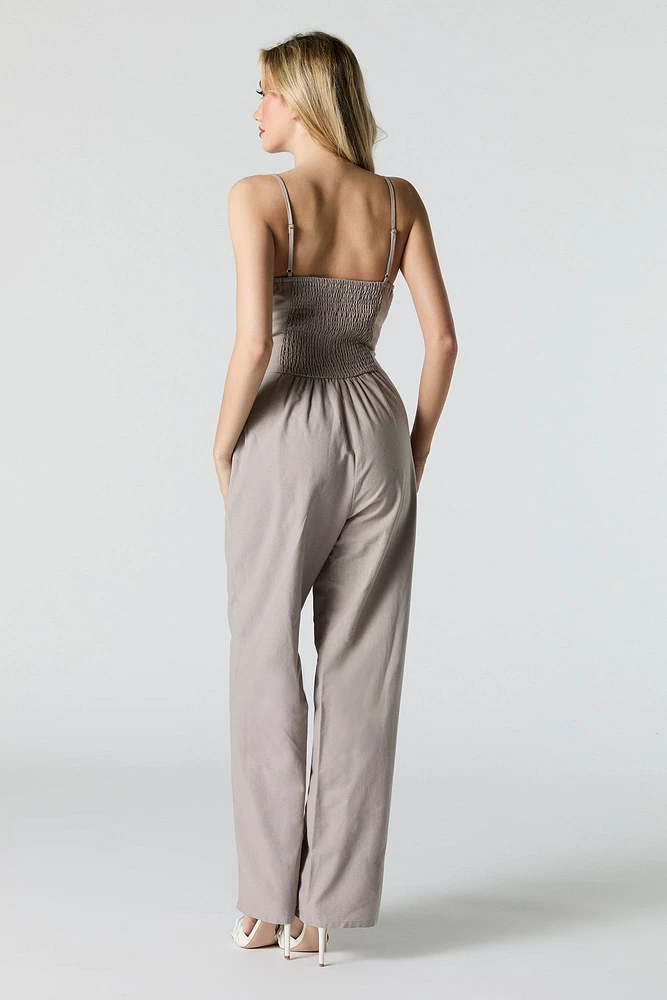 Button Front Belted Wide Leg Jumpsuit