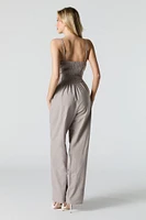 Button Front Belted Wide Leg Jumpsuit