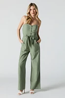 Button Front Belted Wide Leg Jumpsuit