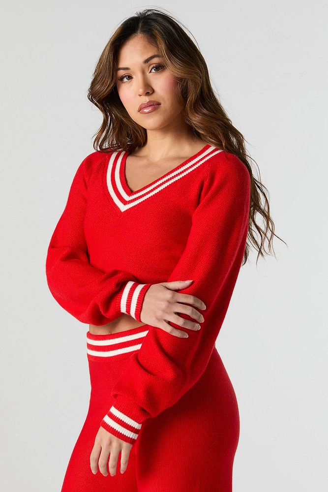 V-Neck Striped Trim Sweater