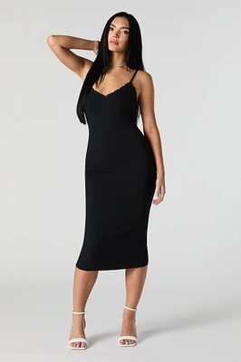 Ribbed Lace Trim V-Neck Midi Dress