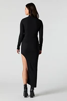 Robe midi moulante côtelée avec fante et col roul