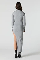 Robe midi moulante côtelée avec fante et col roul