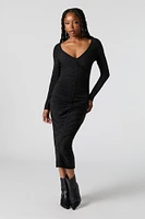 Ruched V-Neck Long Sleeve Midi Dress