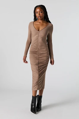 Ruched V-Neck Long Sleeve Midi Dress