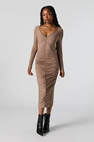 Ruched V-Neck Long Sleeve Midi Dress