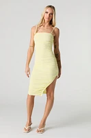 Mesh Ruched Slit Midi Dress