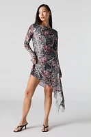 Mesh Insert Long Sleeve Asymmetrical Midi Dress