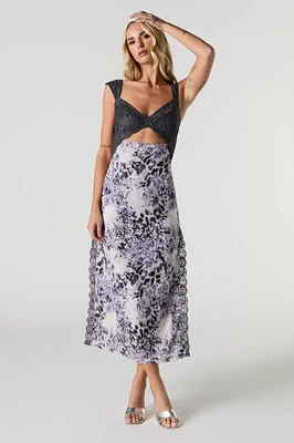 Lace Mesh Cut-Out Slit Midi Dress