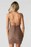 Ruched Mesh Cowl Neck Mini Dress