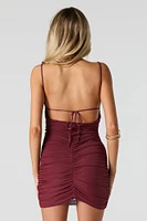 Ruched Mesh Cowl Neck Mini Dress