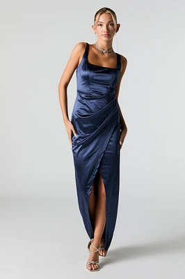 Robe-corset fourreau maxi en satin ruché