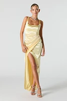 Satin Ruched Corset Maxi Wrap Dress